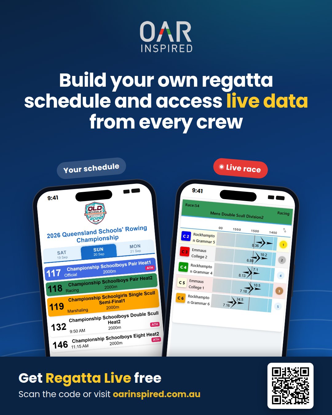 Regatta Live app showing a personal regatta schedule and a live race view
